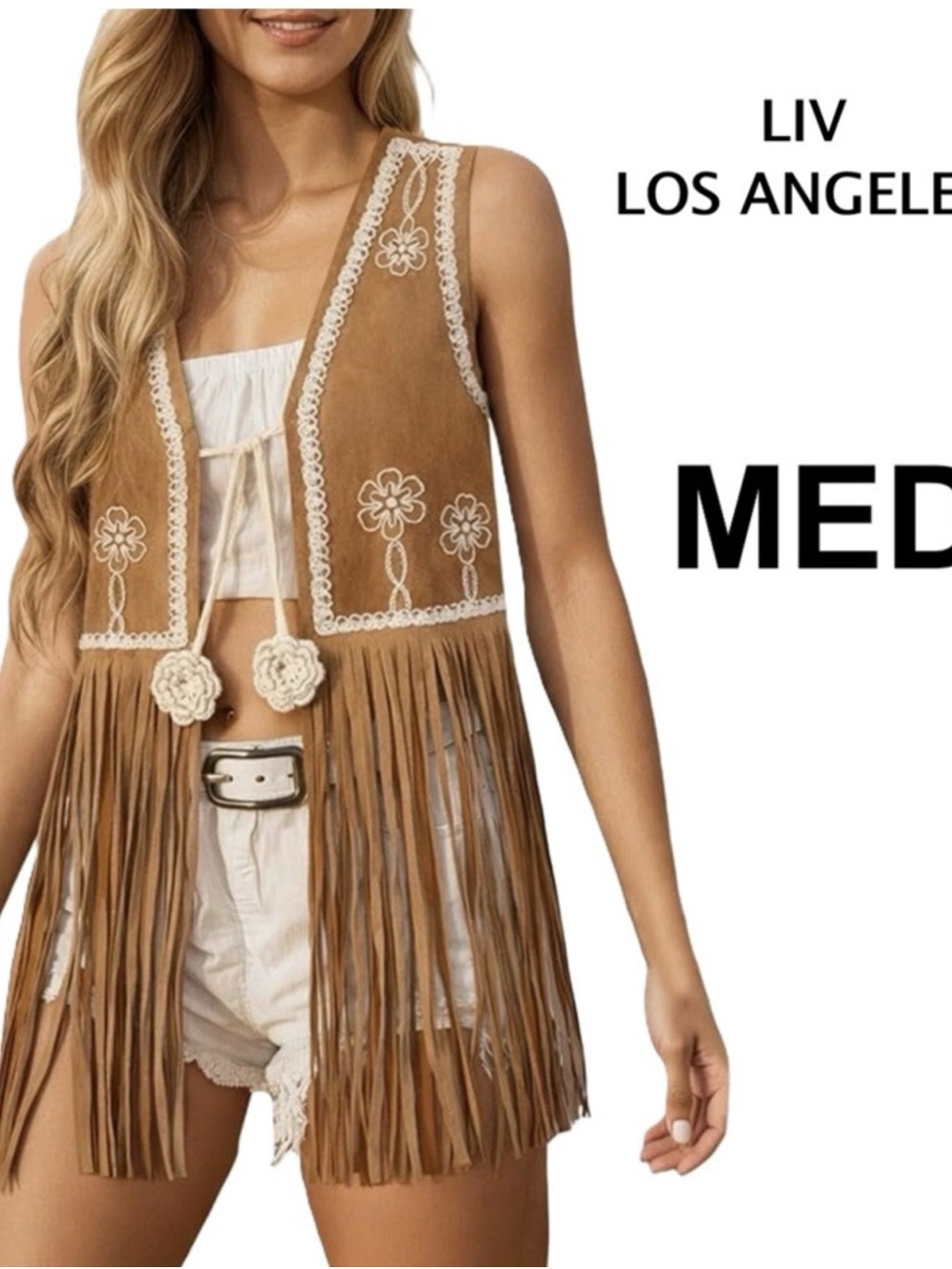 Liv Los Angeles Brown Suede Fringe Vest with Crochet Trim
